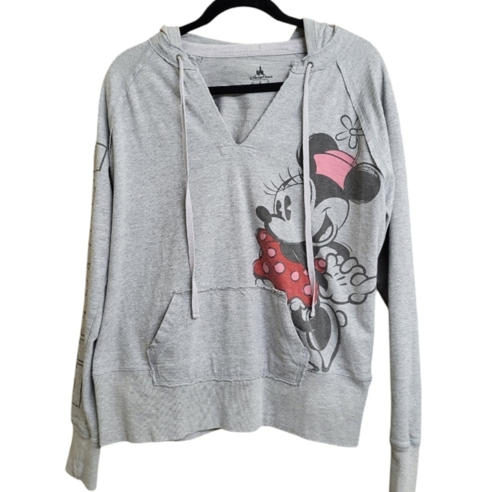 Disney Minnie Mouse Gray V Neck Hoodie Women’s XL Graphic Pullover